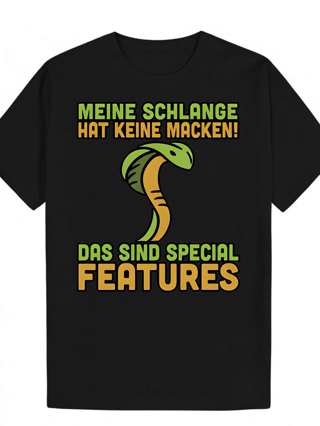 Men's Summer Casual Short Sleeve T-Shirt - Black with Bright Green Orange Snake Pattern and German Text Print, 100% Polyester, Machine Washable, 