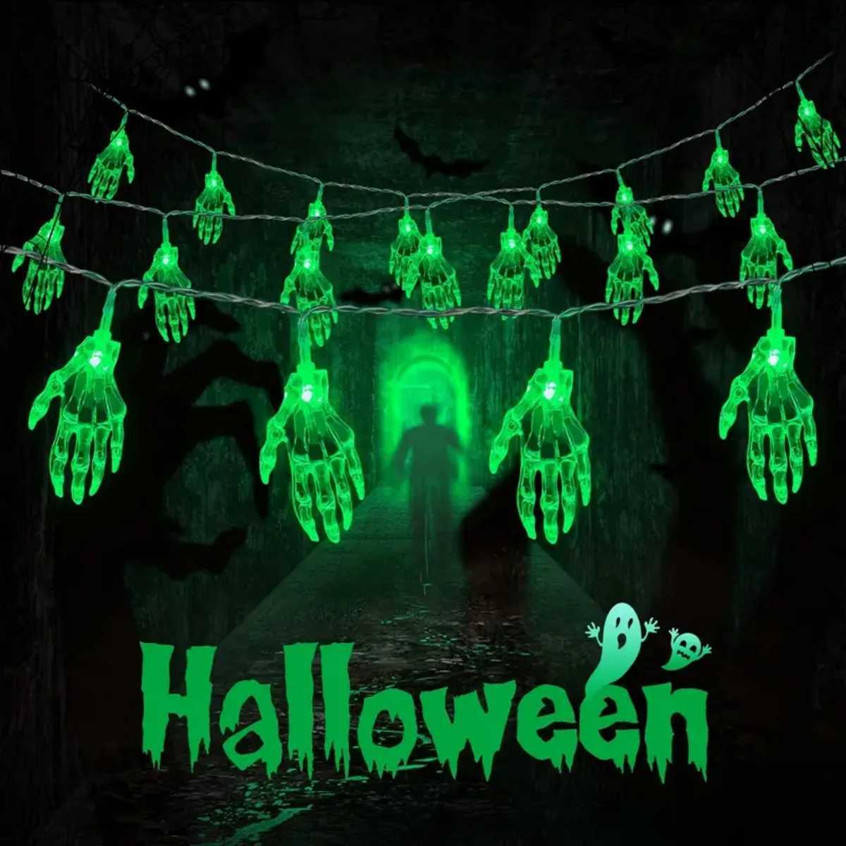 1pc 20LED Halloween Skeleton Hand Battery Powered String Light Horrible Atmosphere Skull Hand Lamp For Home Party Yard Decor XJ250804