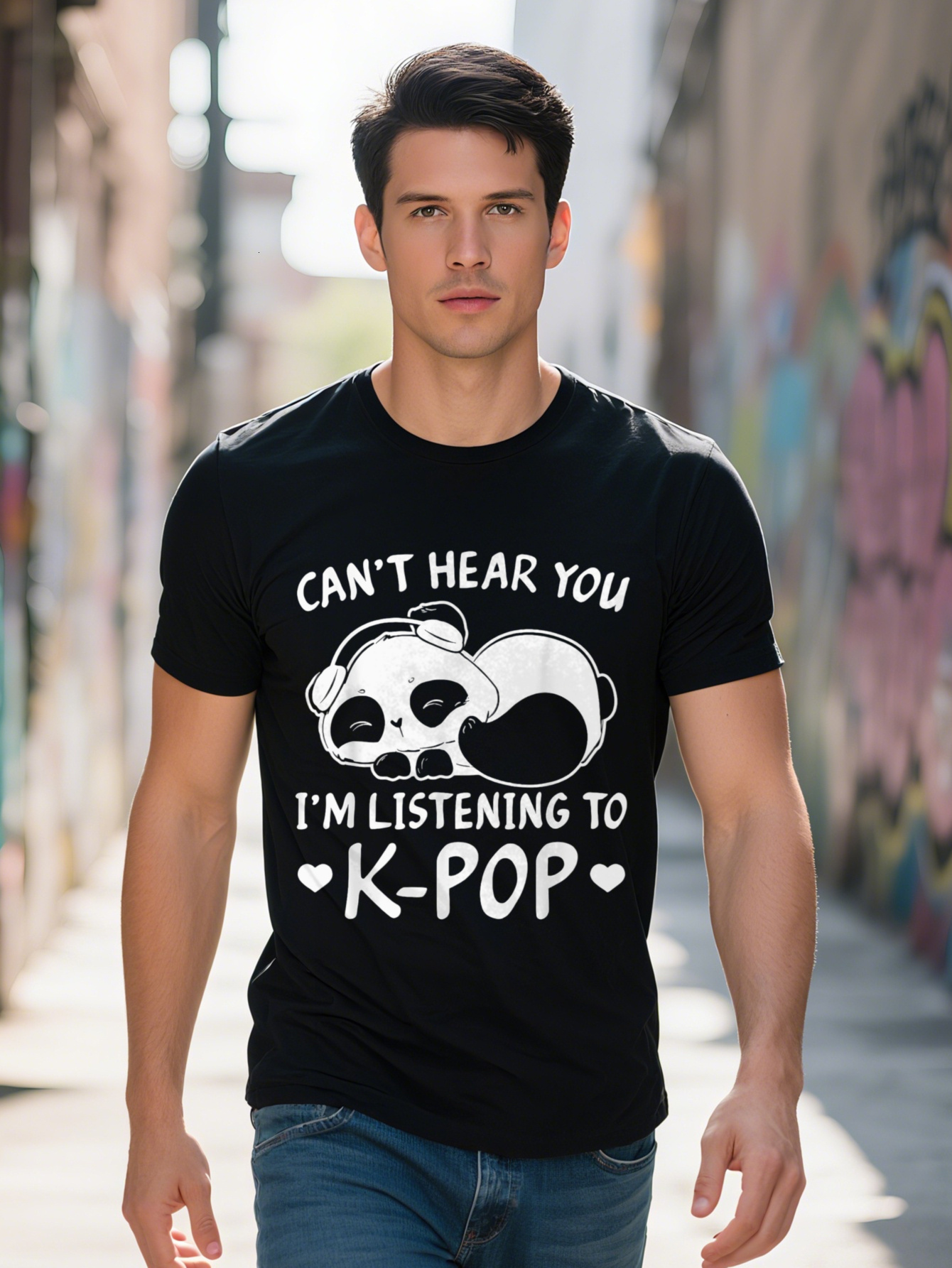 Men's 100% Cotton Graphic T-Shirt - Can't Hear What You're Saying, I'm Listening K-Pop Design with Cute Panda Illustration, Fan Ca