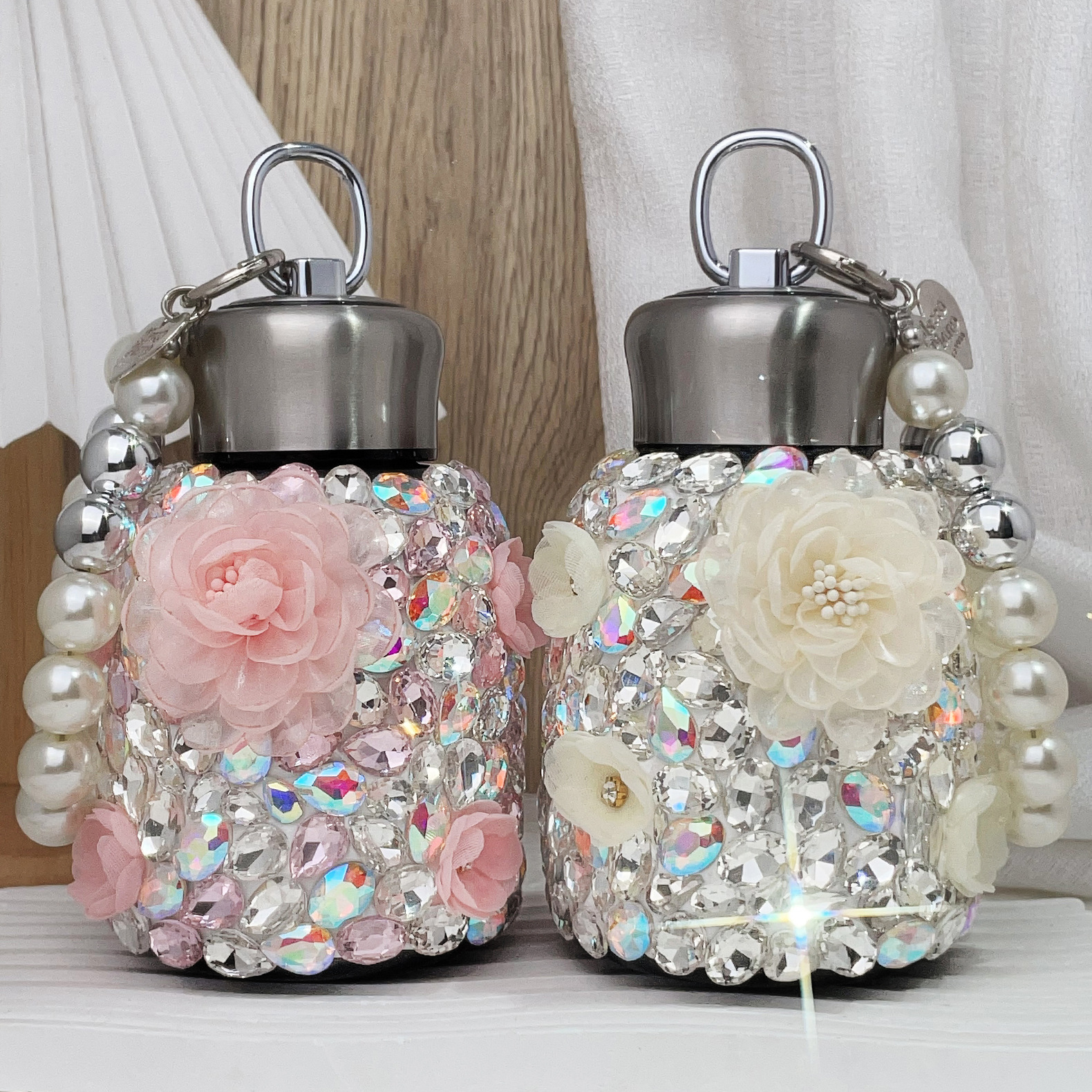 Designer Flower Water Bottle Luxury Crystal Double Wall Vacuum Reusable Coffee Cups Travel Mug Stainless Steel Insulated Thermos Tumbler with Handle P