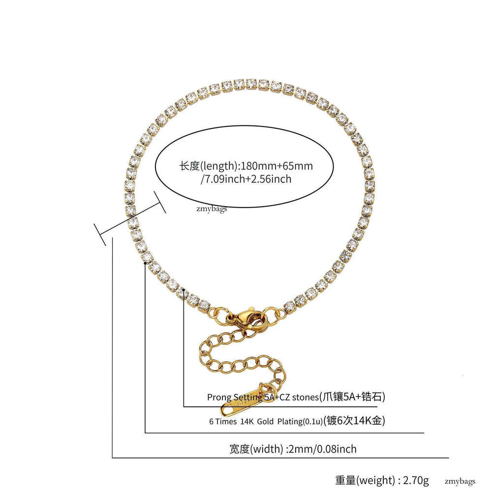2MM Stainless Steel Prong Tennis Chain Bracelet 7 Inches Gold Plated Hip Hop Sparkly Chains Bracelets Wrist Jewelry For Women Bijoux Gifts