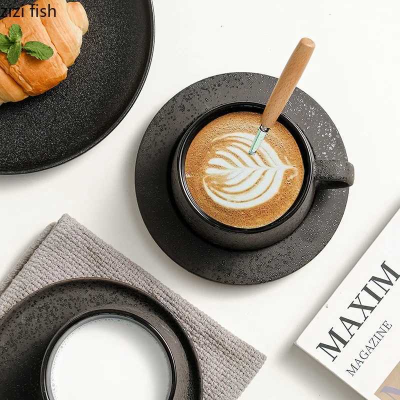Black Ceramic Coffee Cup and Saucer Set Oatmeal Breakfast Cups Milk Tea Cups Water Cup Coffee Mug Milk Mug Tea Mugs Teacup Y250804