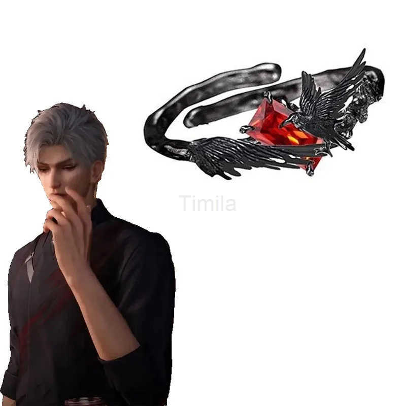 Game Love and Deep Space Sylus Crow Cosplay Ring Unisex Alloy Adjustable Opening Red Gem Rings Punk Jewelry Accessories Prop U250805