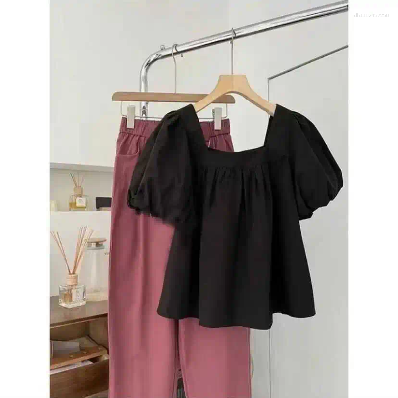 Women's Blouses Orange Square Collar Bubble Sve Ort Irt Women Summer Design Sensation Doll Ele Loose Top French Sle...