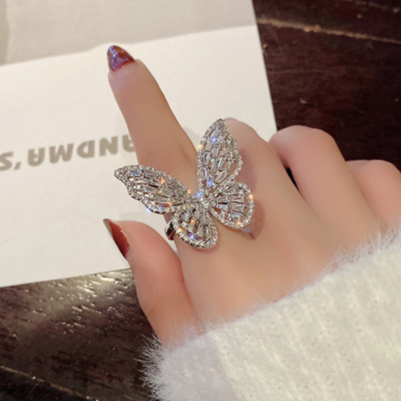 Gothic Hollow Butterfly Ring Exaggerated Metal Hand Chain Ring for Women
