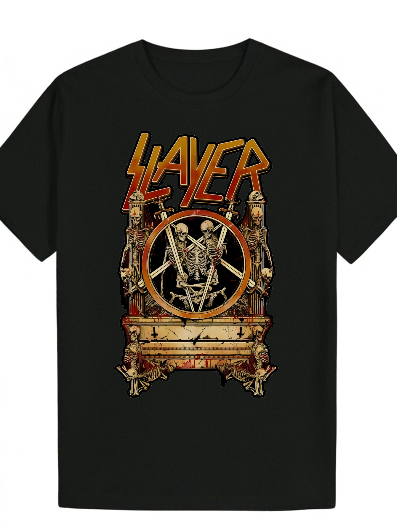 Men's Black Casual Pattern T-Shirt - Edge Skull and Pentagram Print, Breathable Polyester, Crew Neck Summer T-Shirt, Machine Washable Regular Fit