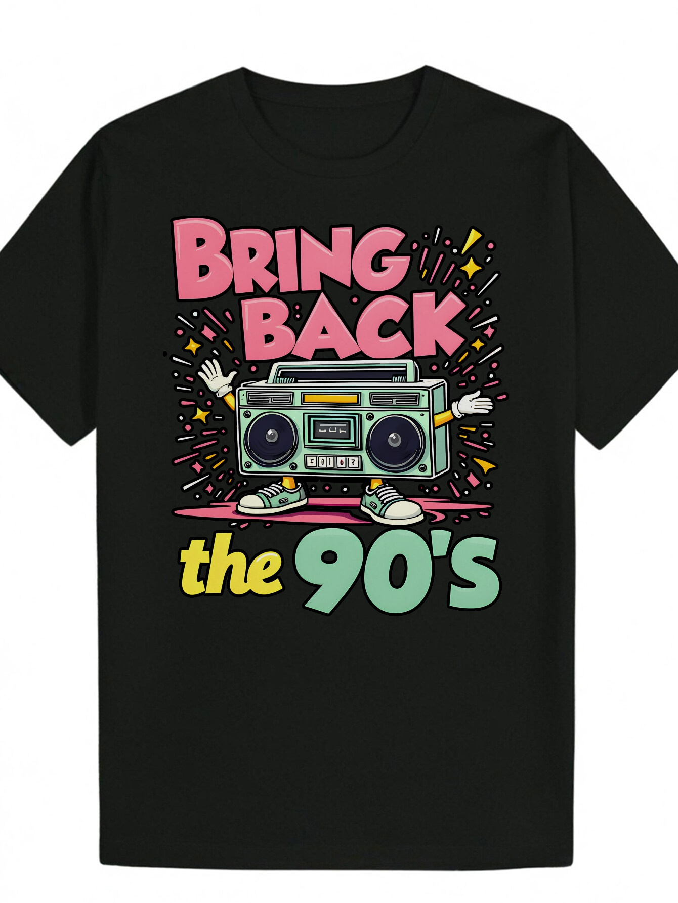 90s Cassette Tape Pattern - Casual Crew Short Sleeve with Vibrant 'Bring Back the 90s' Design, Men's Summer Essential, Versatile Round 