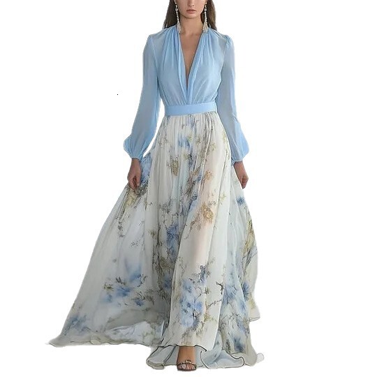 2025 European and American women's S fashion digital printed long sleeved trend V-neck patch long skirt dress, new designer dress