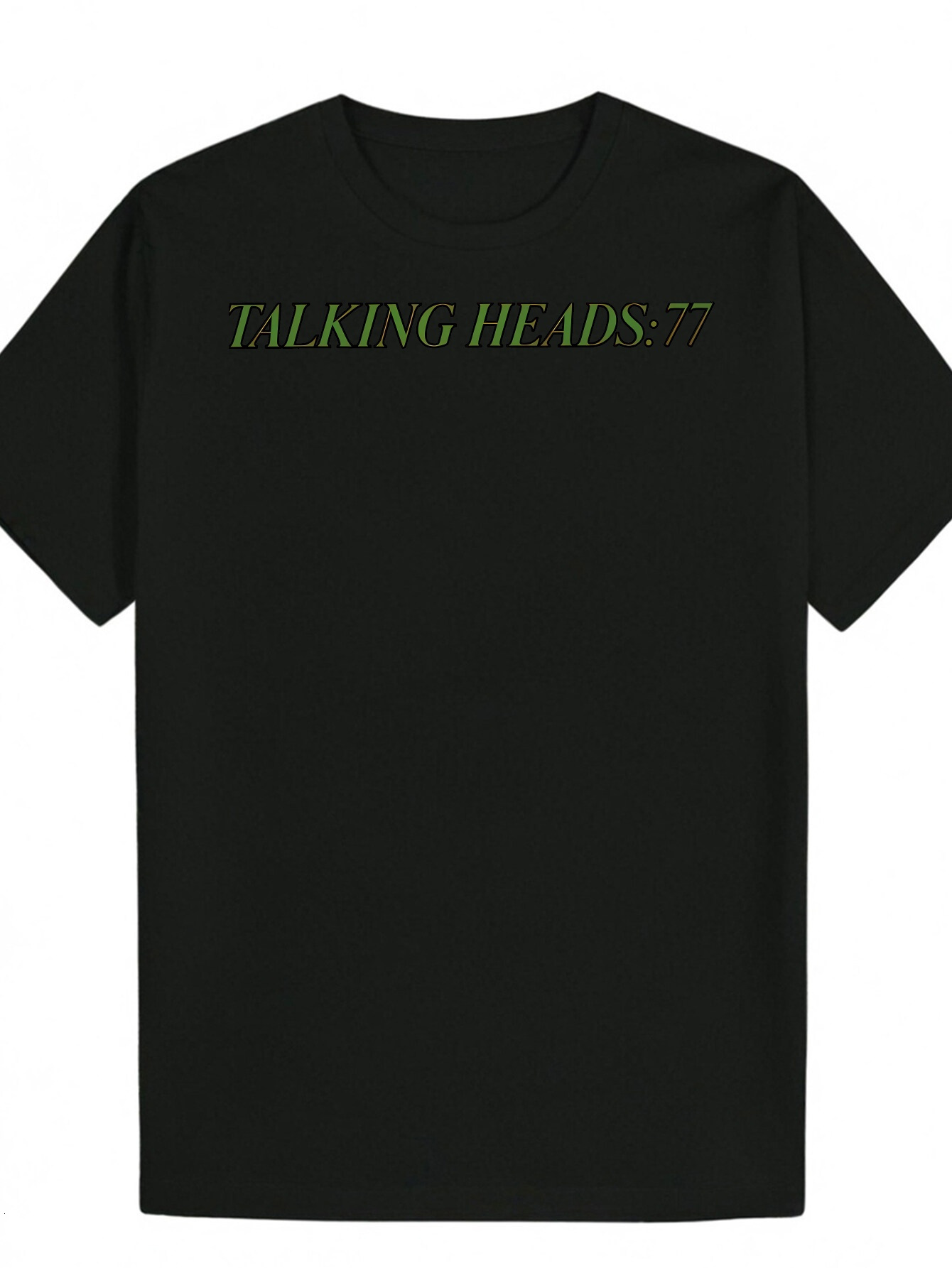 Men's - "Talking Heads:77" Pattern Black Polyester Round Neck Gold Letter T-Shirt, Lightweight and Breathable, Suitable for Casual Wear