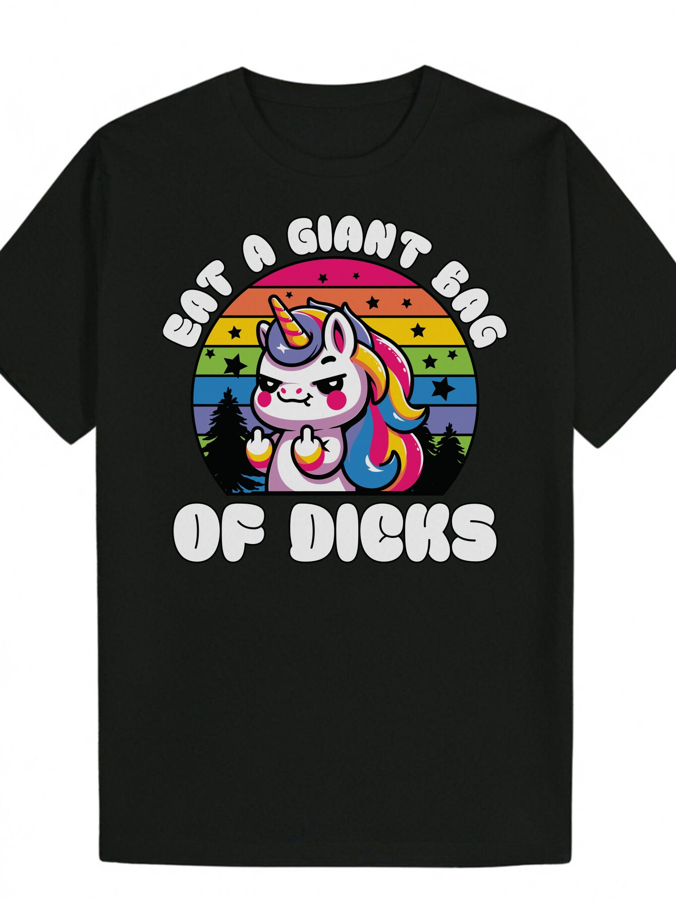 Men's Summer Pattern T-Shirt - Black Humor Rainbow Design with "Eat a Big Bag of Dicks" Slogan, 100% Polyester Crew Neck T-Shirt, Machi