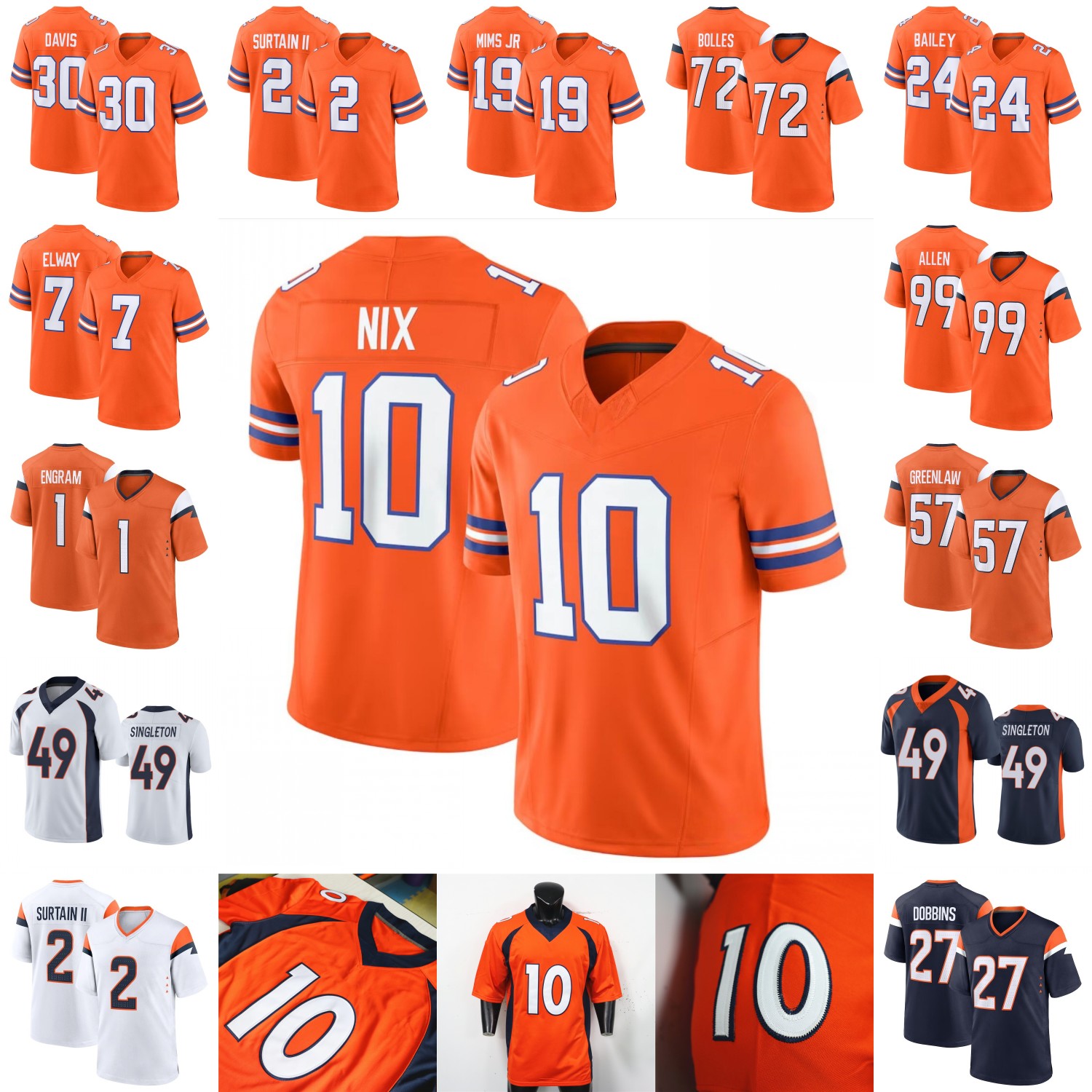 Custom Football Jersey Bo Nix Evan Engram Patrick Surtain II Dre Greenlaw Talanoa Hufanga J.K. Dobbins Sutton Singleton Jones Mims Allen Elway Estime Franklin Bolles