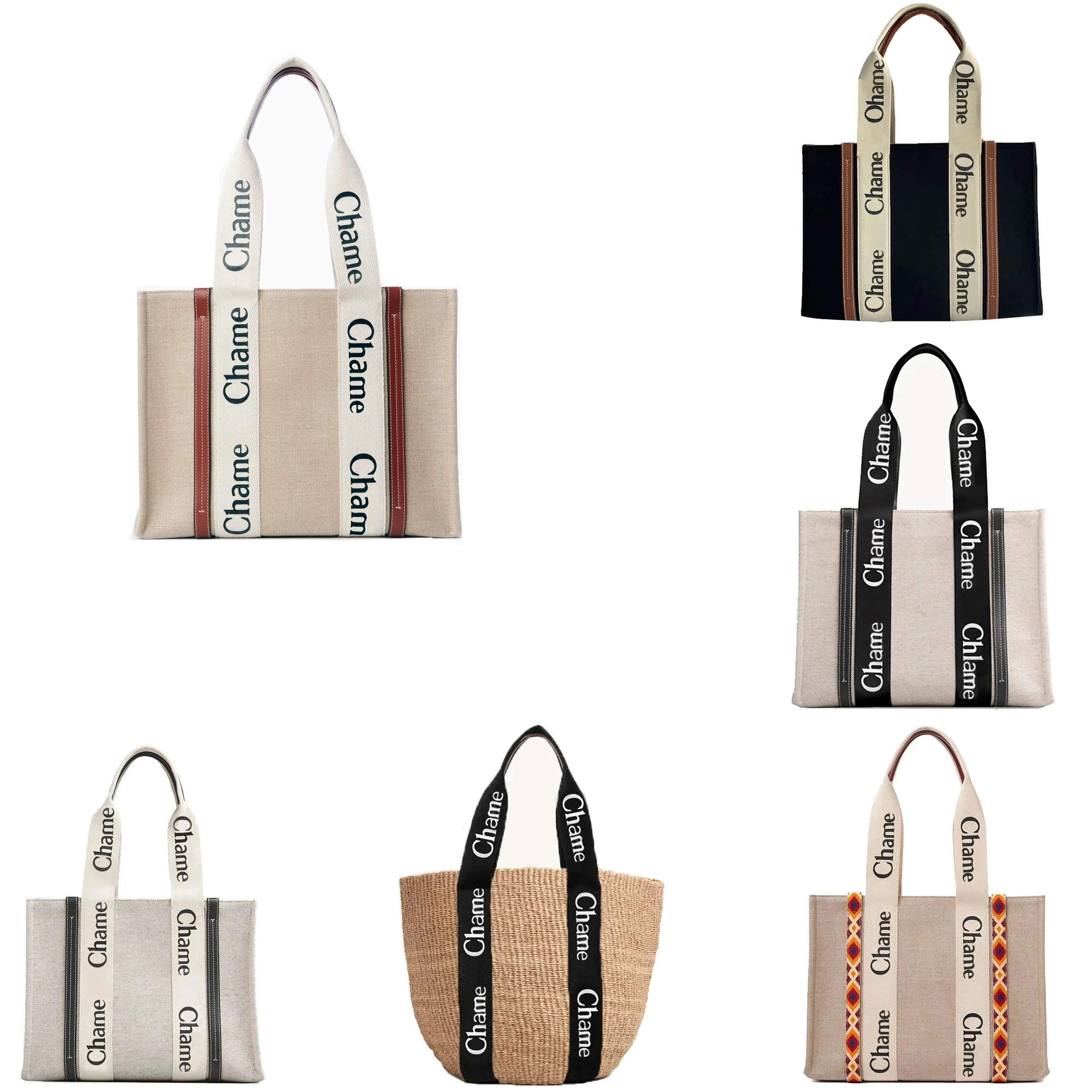 Canvas bag Tote bag Shopping bag Single shoulder handbag Medium size Women's style Woody printed linen canvas with calf leather - Beige/Brown