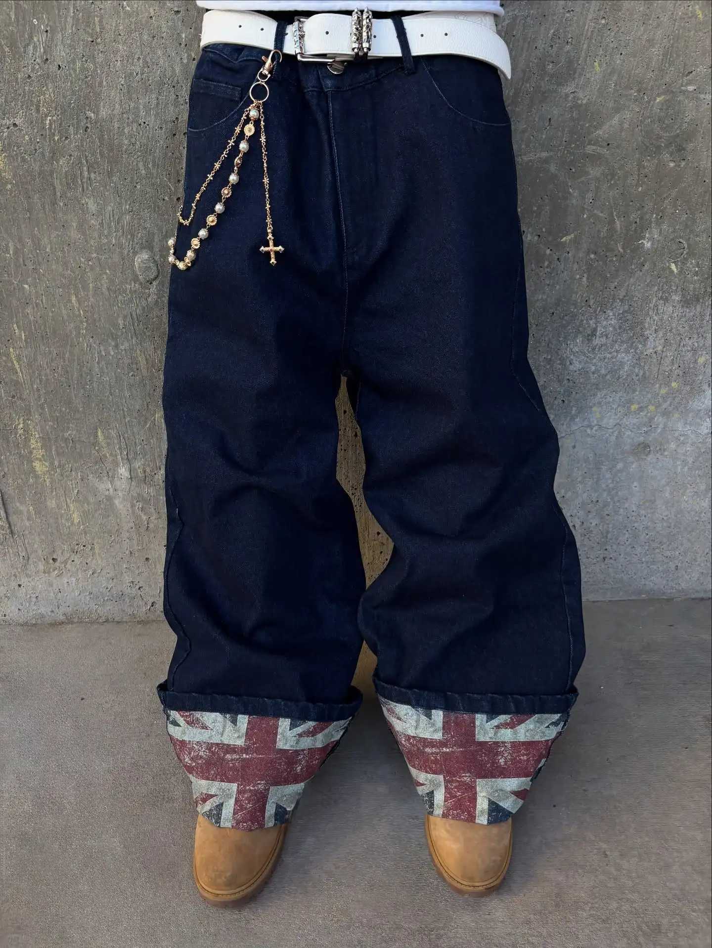 Streetwear Y2K Baggy Jeans Retro British Style Flag Graphic Print Blue Wide Leg Denim Pants Gothic Hip Hop Casual Men Jeans Y250804