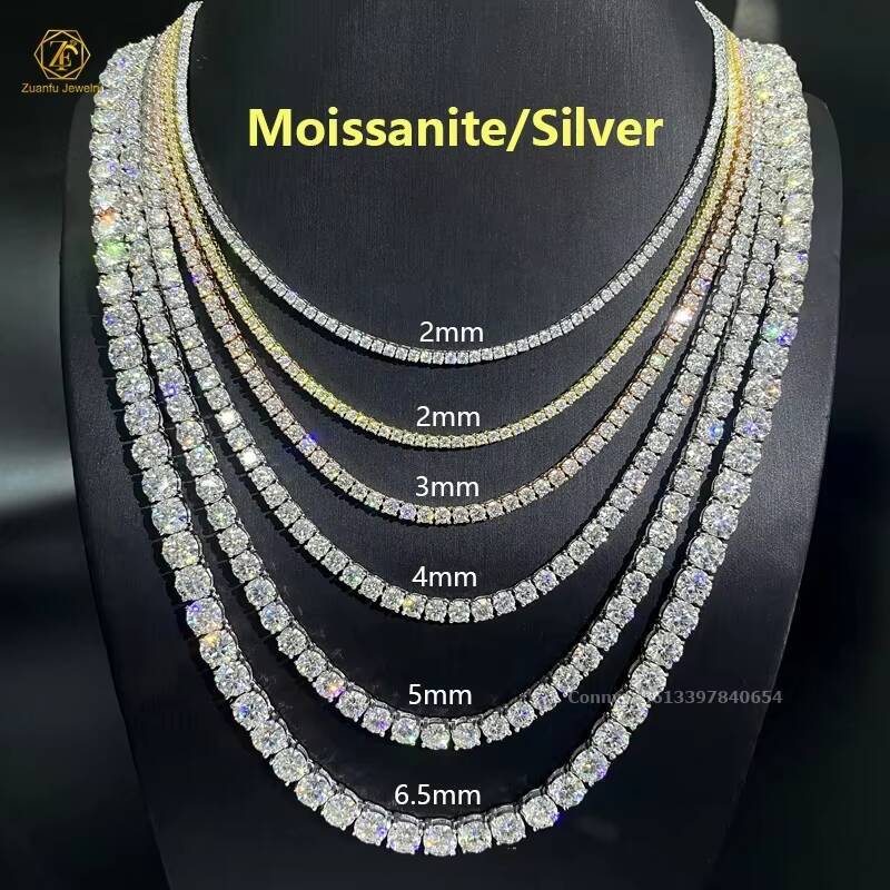Factory Wholesale Iced Out 925 VVS Moissanite Diamond Tennis Chain Bracelet Necklace 2mm 3mm 4mm 5mm 6.5mm Custom 8mm 10mm