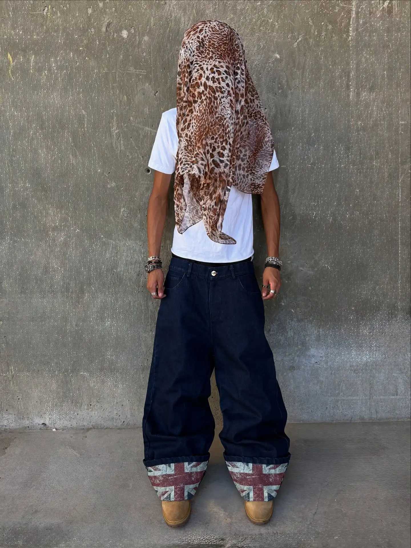 Streetwear Y2K Baggy Jeans Retro British Style Flag Graphic Print Blue Wide Leg Denim Pants Gothic Hip Hop Casual Men Jeans Y250804