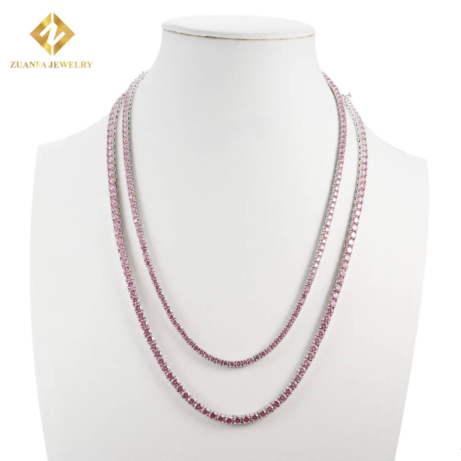 Wholesale Jewelry New Colored Iced Out Vvs Moissanite Diamond 3mm 4mm 925 Silver Pink Tennis Chain Necklace Bracelet