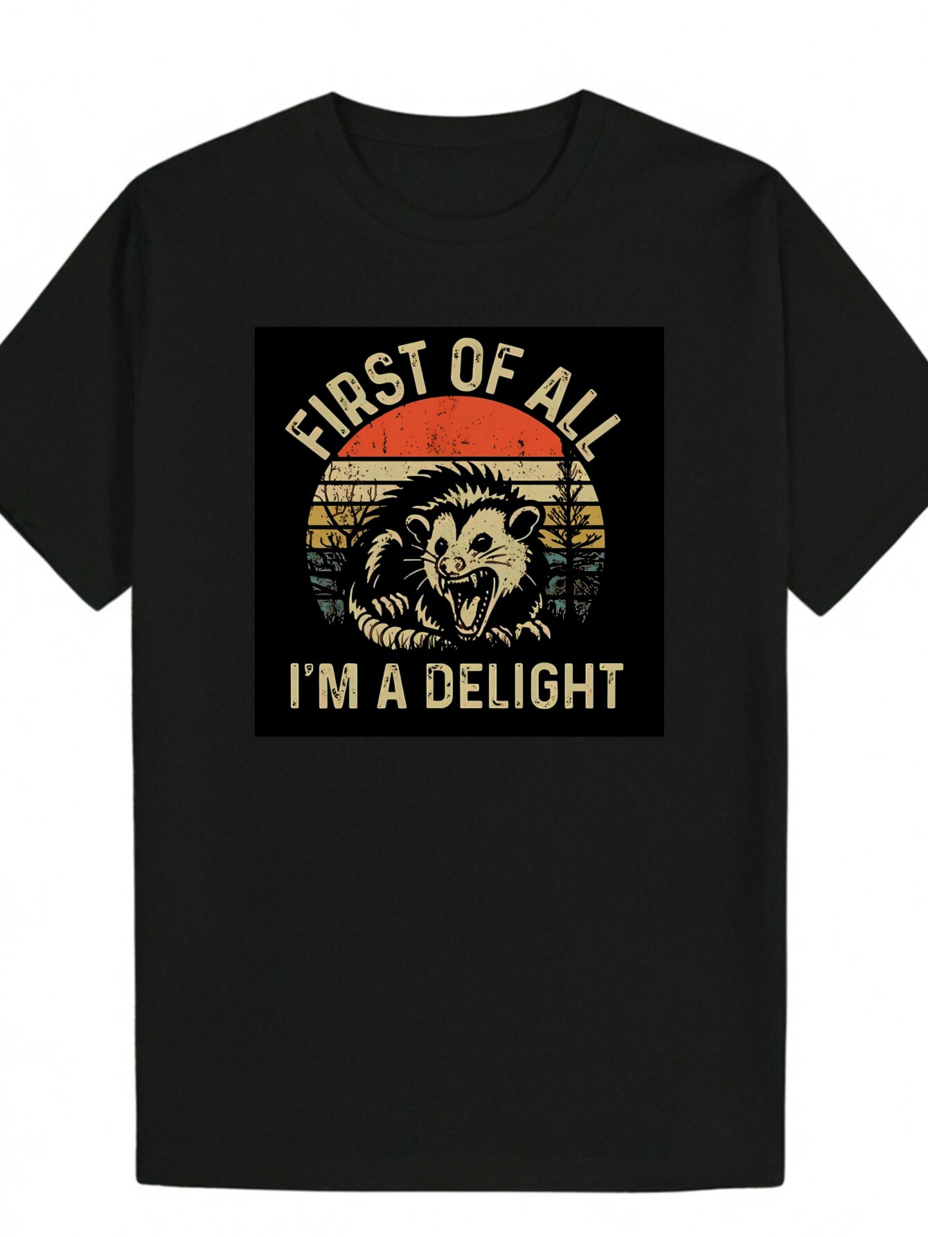 Men's Summer Crew Neck with Raccoon Pattern - "First of All I'm Happy" Design, Black Polyester, Regular Fit, Casual Wear Playful T