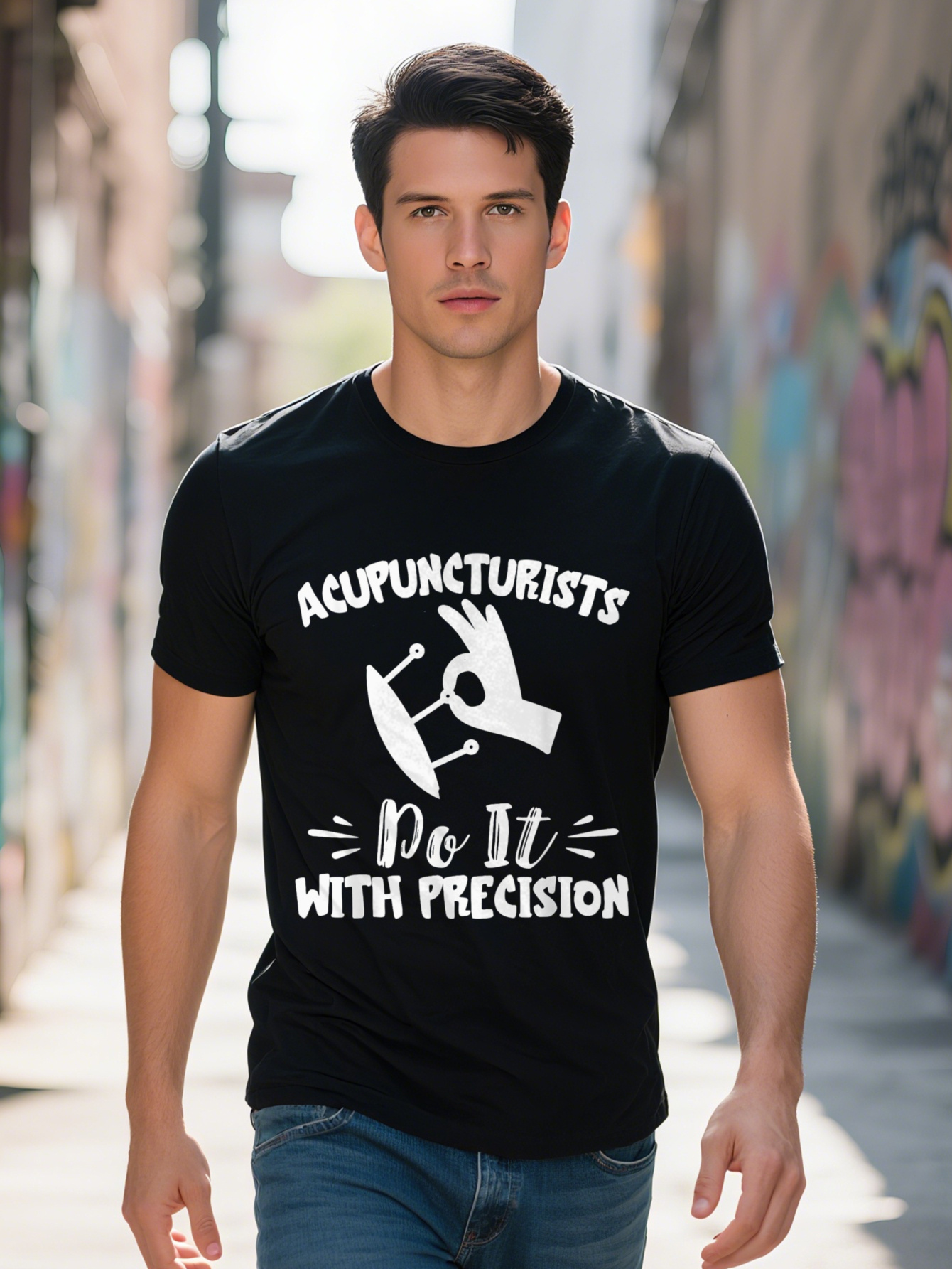 Men's Acupuncturist Precision Graphic T-Shirt - 220g 100% Cotton Cartoon Design Short Sleeve T-Shirt, Casual Regular Fit Round Neck, Machine Wash