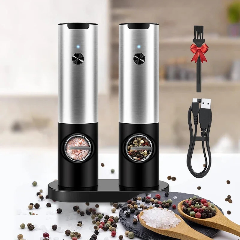 Electric Salt and Pepper Grinder Set With Led Light USB Rechargeable Automatic Spices Grinder Adjustable Spice Mill Kitchen Tool 250804