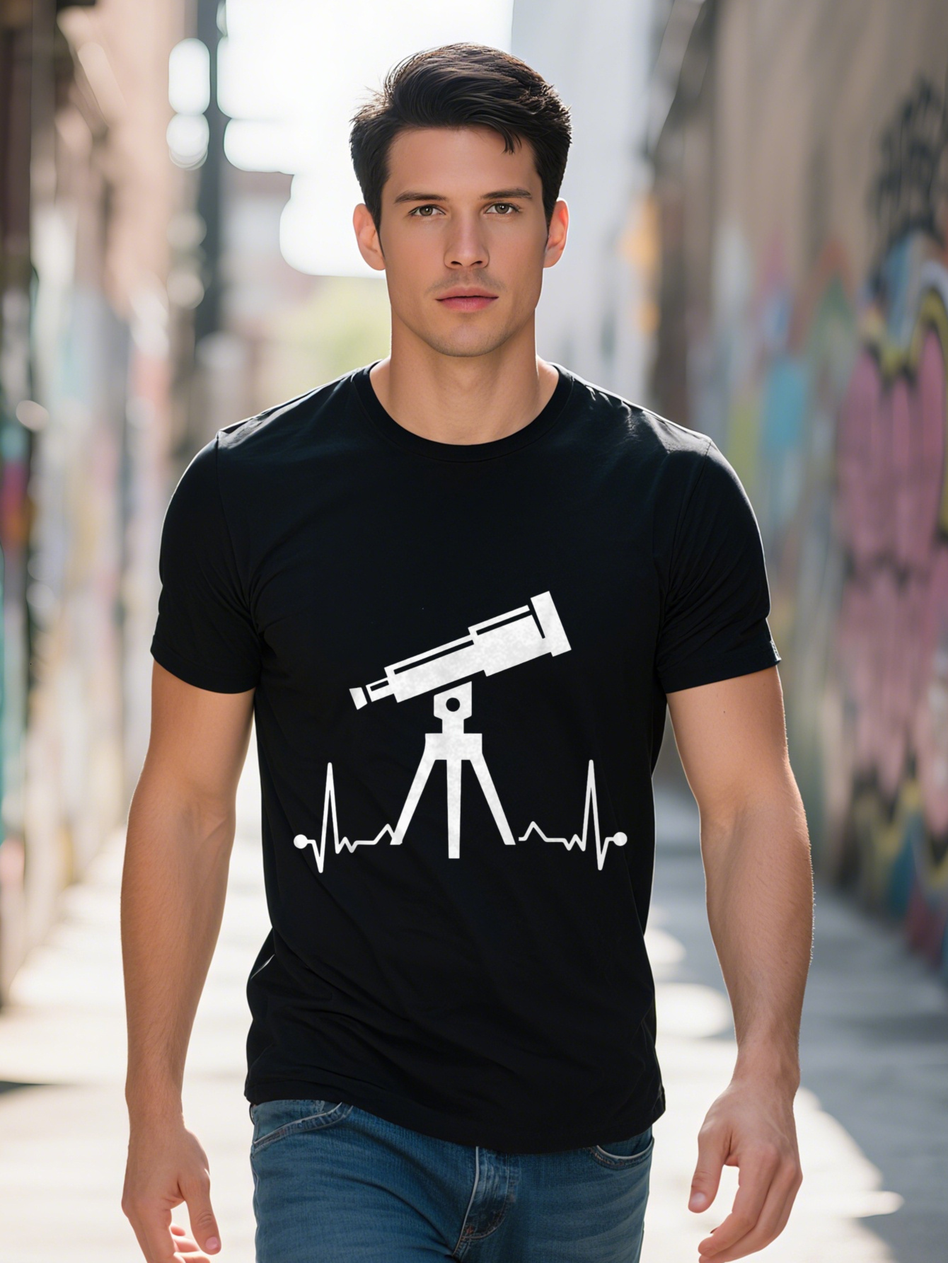 Men's Inspired Telescope Heartbeat - Short Sleeve Black White Space Design, Lightweight and Breathable, Casual Clothing, Daily Wear Pattern T-Shi