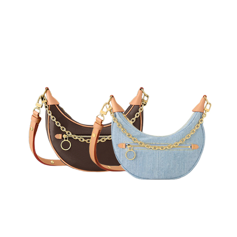 Luxury Designer bag Women Moon Chain Loop Hobo Bag Brown Flower denim Leather Shoulder Crossbody luxe sleek design Purse