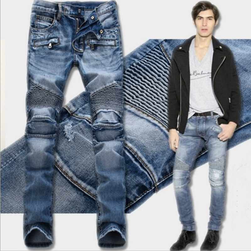 Street multi-pocket motorcycle pleated zipper jeans slim stretch pants