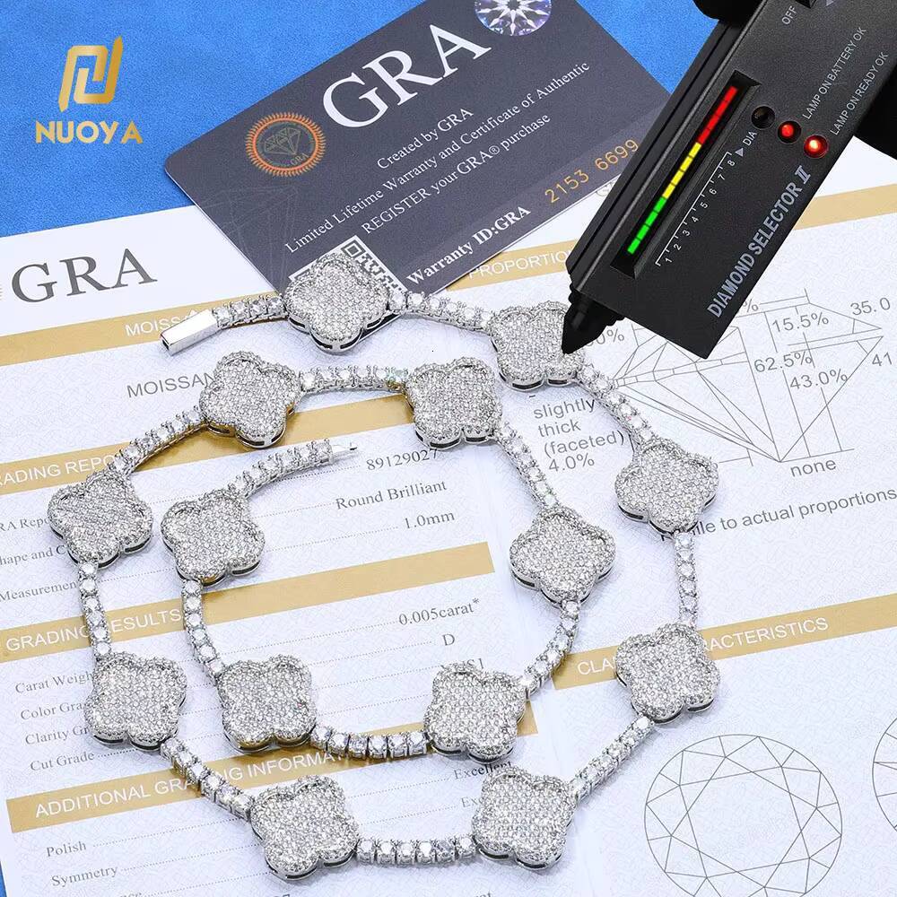NUOYA Hip Hop Fine Jewelry 925 Sterling Silver Four-Leaf Clover White Gold VVS Moissanite Tennis Chain Bracelet for Women Gift