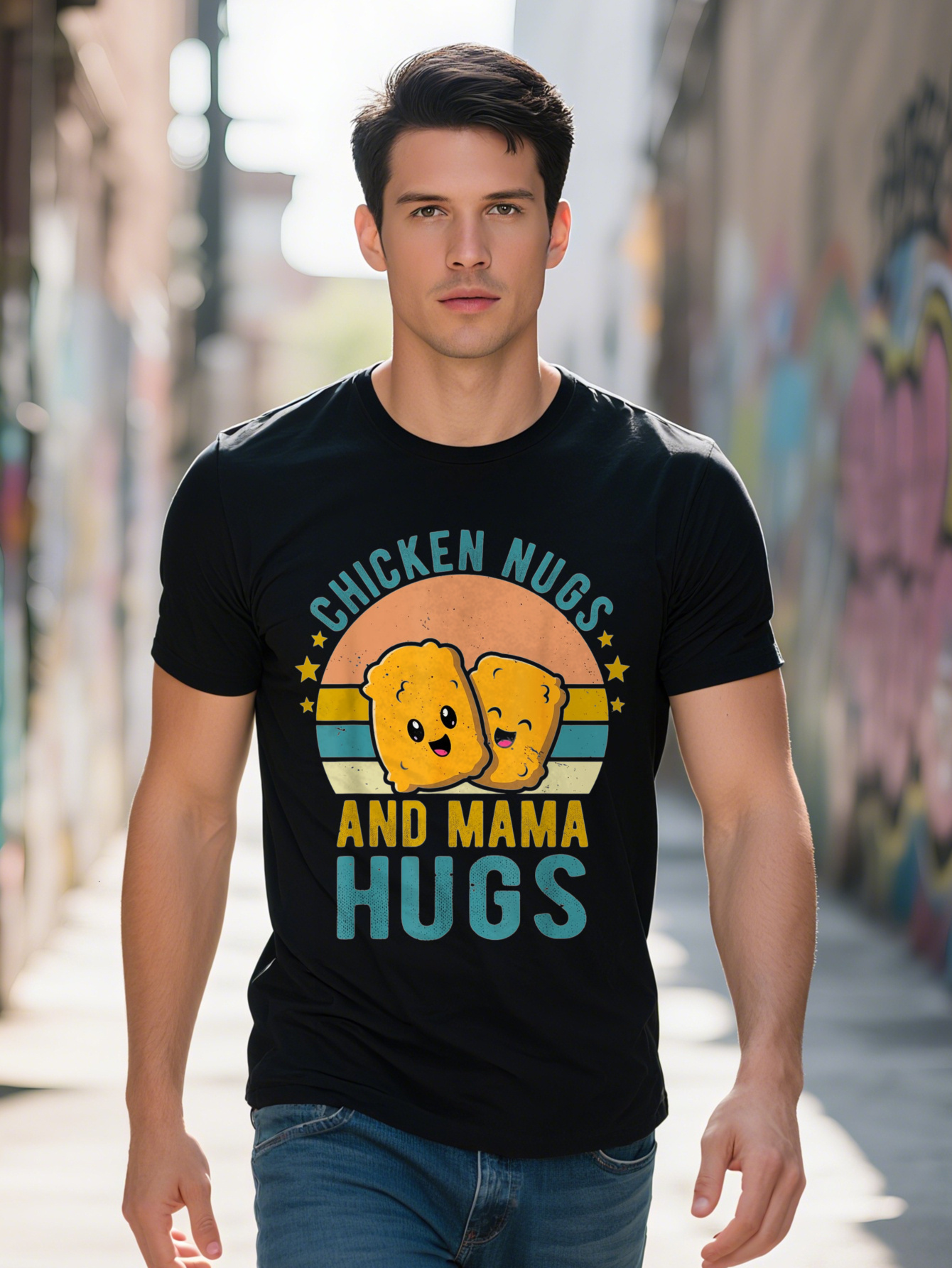 100% Cotton T-Shirt for Men - Chick and Mom Hug Design, Lightweight 220g, Short Sleeve, Round Neck Casual Wear 209f5