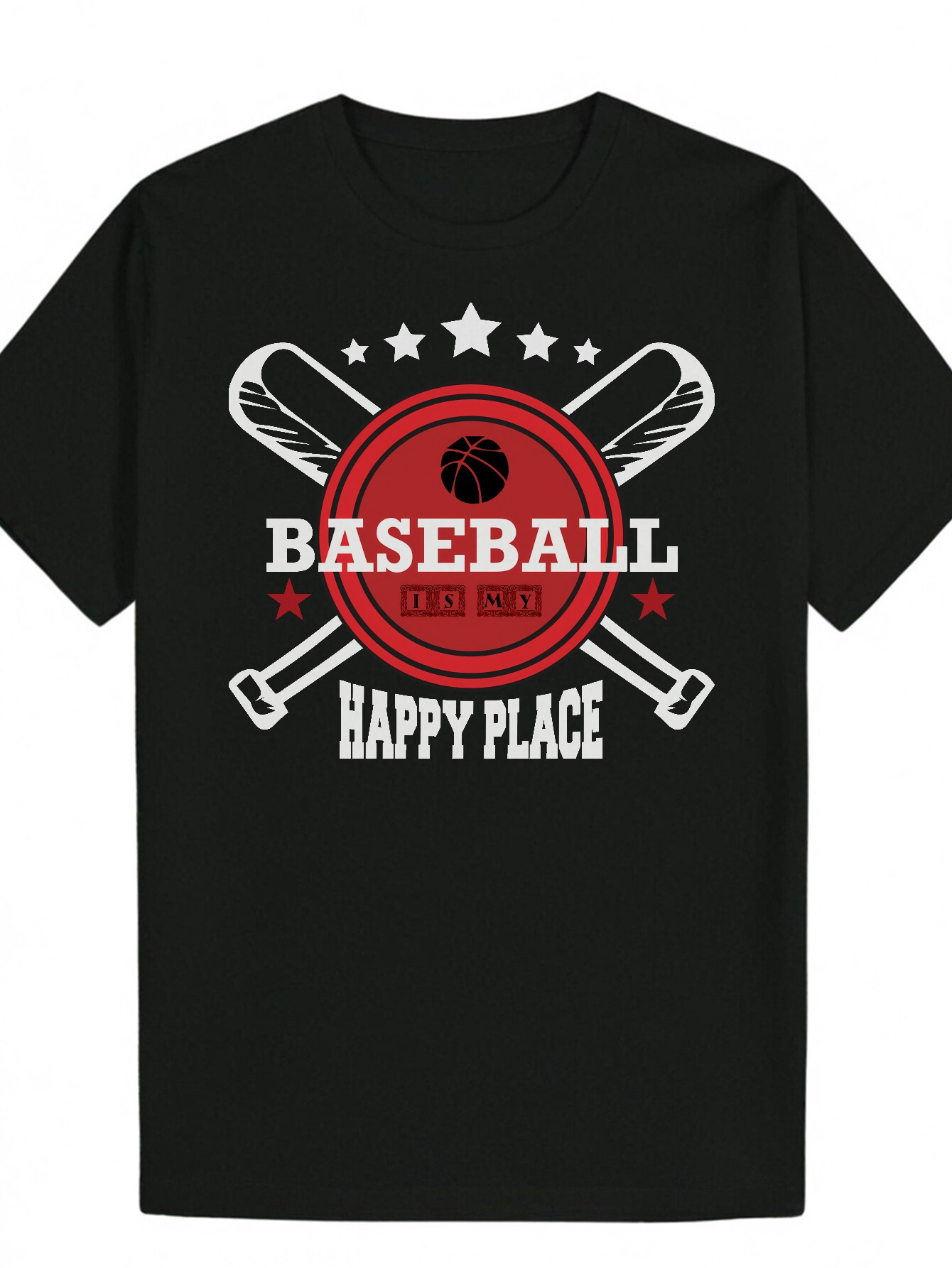 Men's Summer Baseball Pattern - Black Polyester T-Shirt with "Baseball" Words, Bat and Star Cross Design, "Happy Place" Sloga