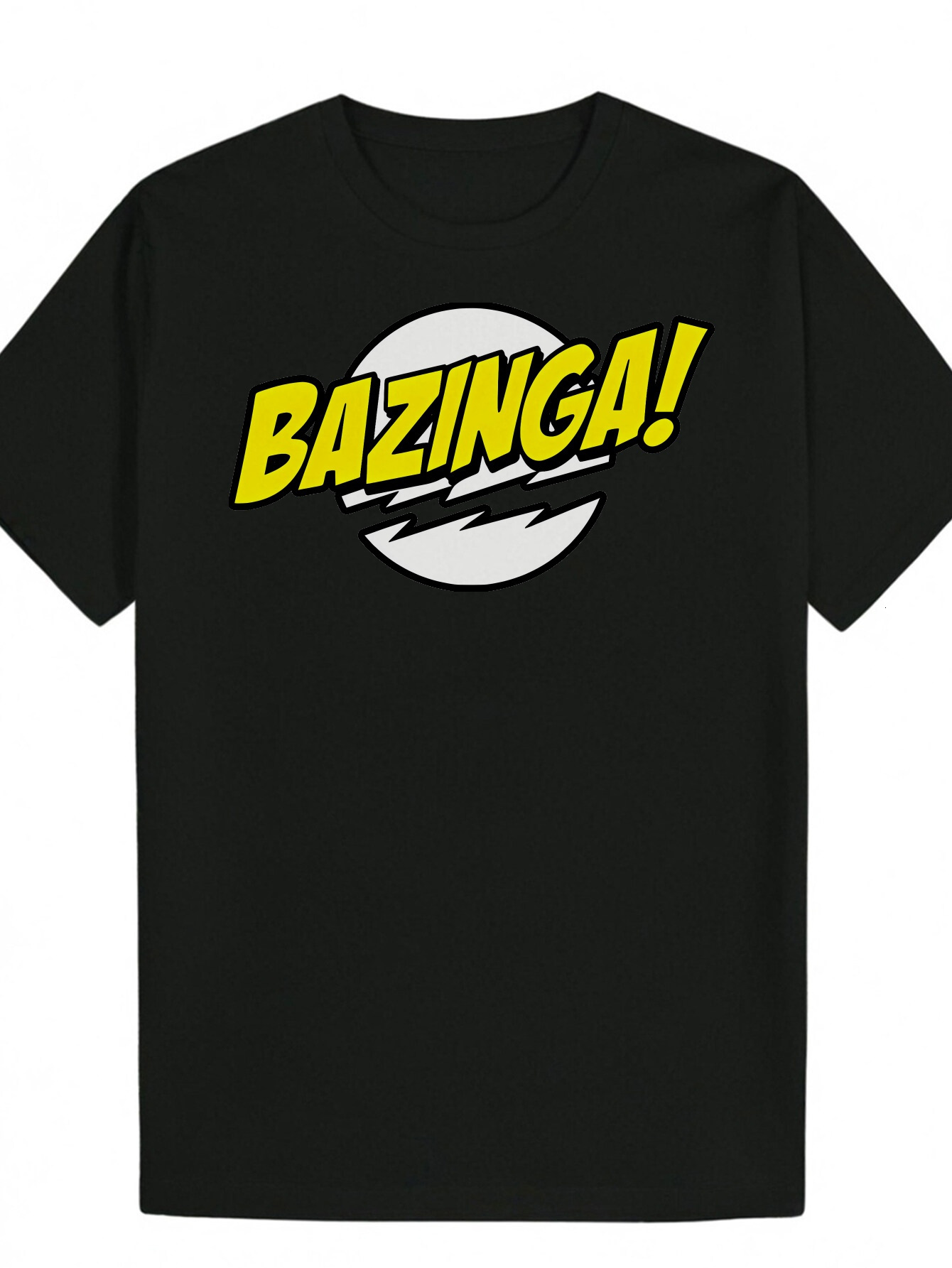 Men's Pattern - Black, Bold 'Bazinga' Lightning Bolt Design, 100% Polyester, Regular Neck, Machine Washable, Breathable Summer T-Shirt 