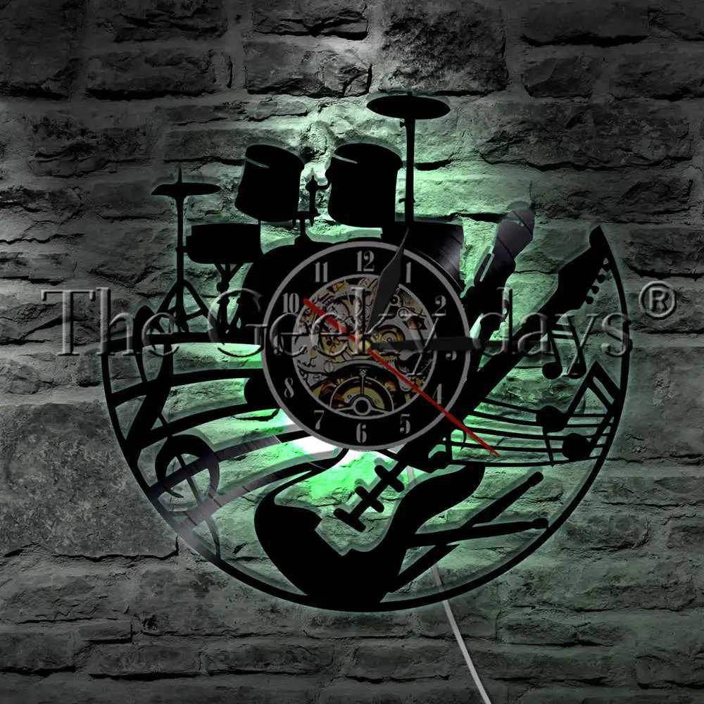 Rock Music Guitar And Drum Kits Vinyl Record Wall Clock Modern Wall Lamp Musical Instrument LED Night Light Guitar Gift XJ250804