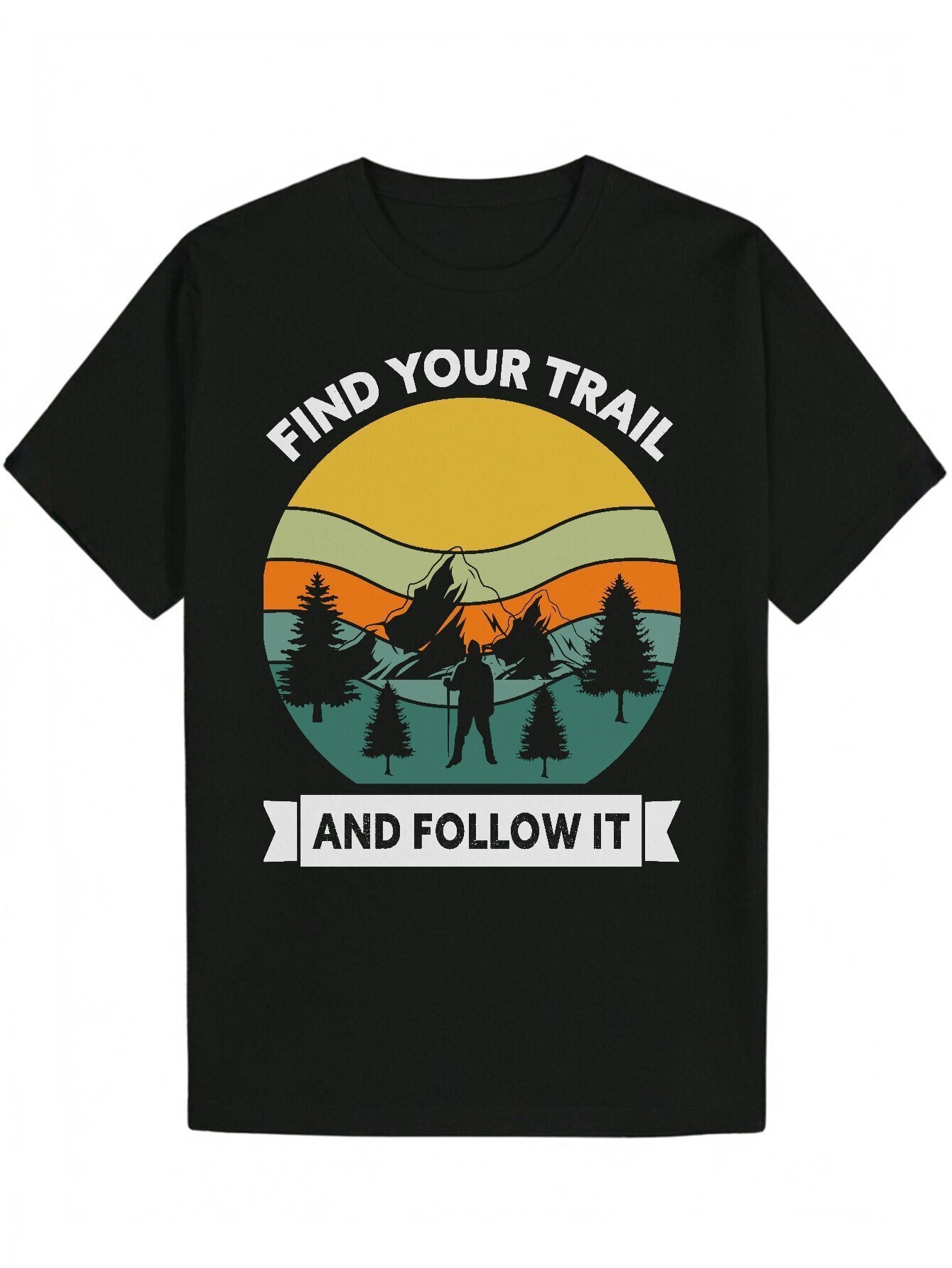Men's Summer Casual Round Neck Polyester Pattern - "Find Your Footprint Follow It" Design with Hiker Illustration, Black, Lightweight a