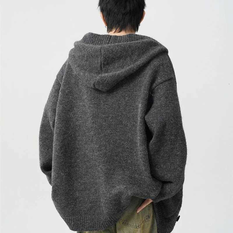 Spring Gray Woolen Knitted Cardigan Hooded Sweater For Men Pockets Korean Fashion Knitwear Jacket Y2K Vintage Jumpers Hombre XJ250805