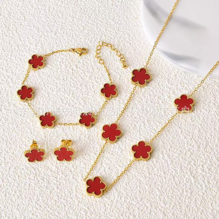 Free Shipping 2025 New Designer Jewelry Luxury Jewelry Bracelet Necklace Earring Set European And American Fashion Versatile Five-Leaf Flower