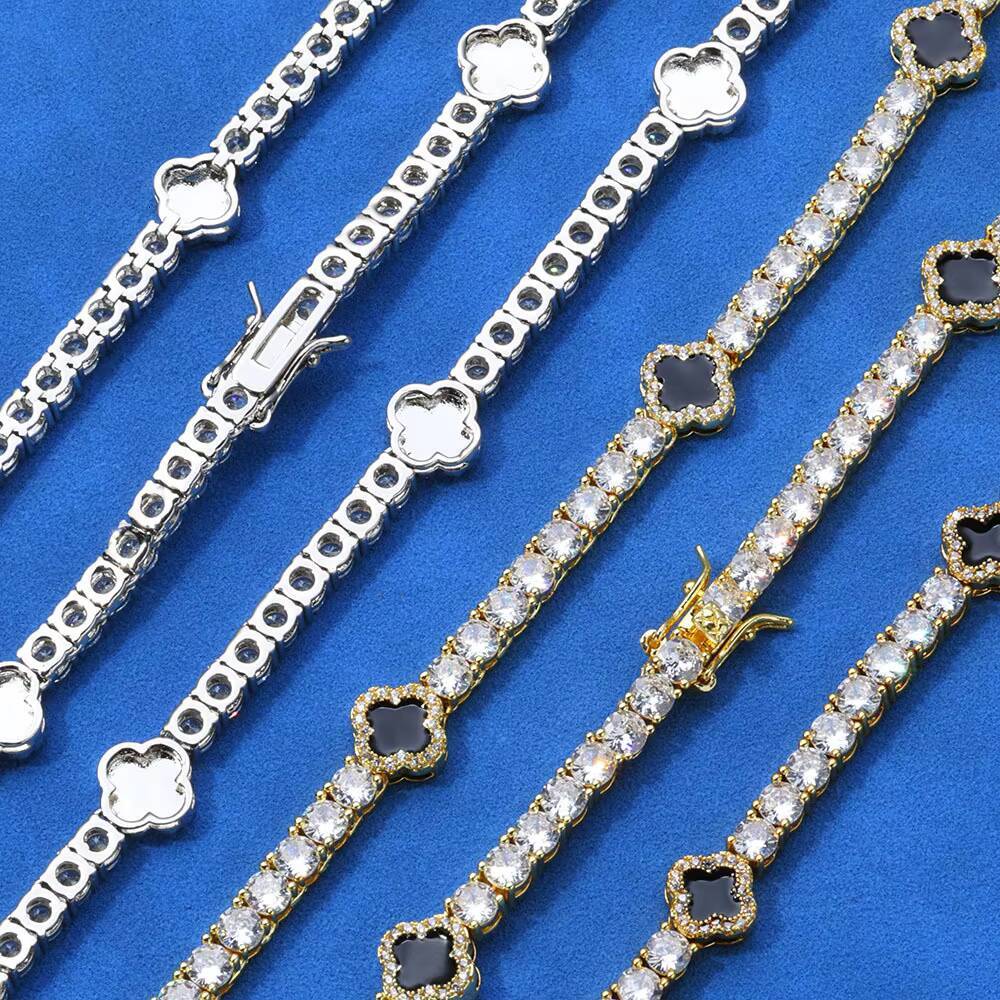 Custom S925 Silver Moissanite Tennis Chain Bracelet for Men New 4mm Four Leaf Clover Hip Hop Style Direct Europe United States