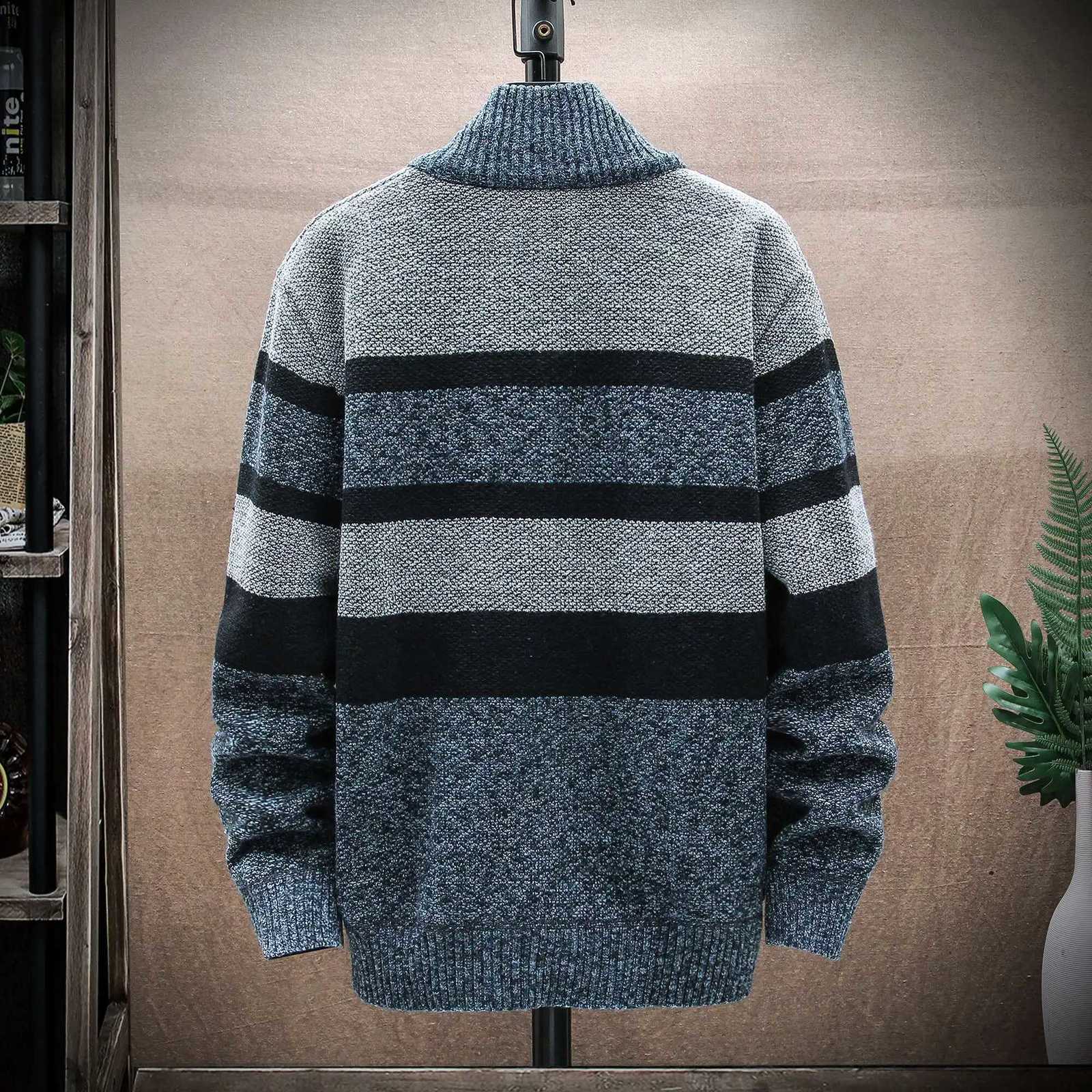 Mens Winter Striped Sweater Cardigan Patchwork Thick Warm Sweaters Coat Fleece Thick Warm Knitwear Zip Up Coat Mens Jacket XJ250805