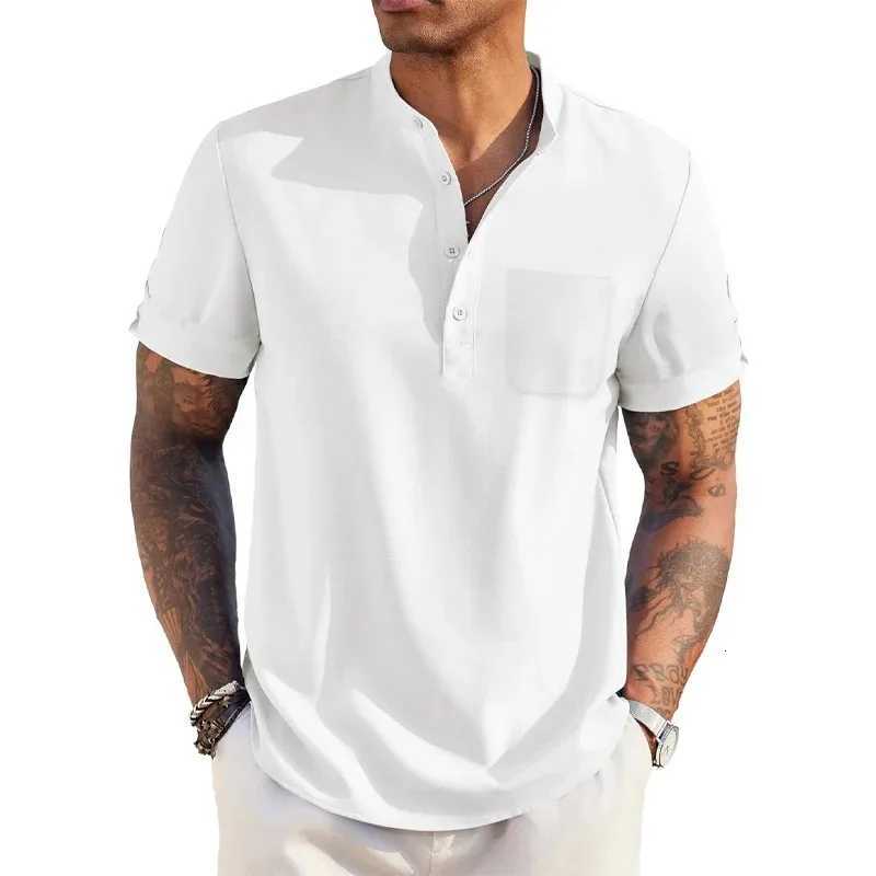 Summer Mens Cotton Linen T-Shirt Henley Neck Pocket Casual Lightweight Breathable Beach Shirt Solid Color Basic Style Tops W250805