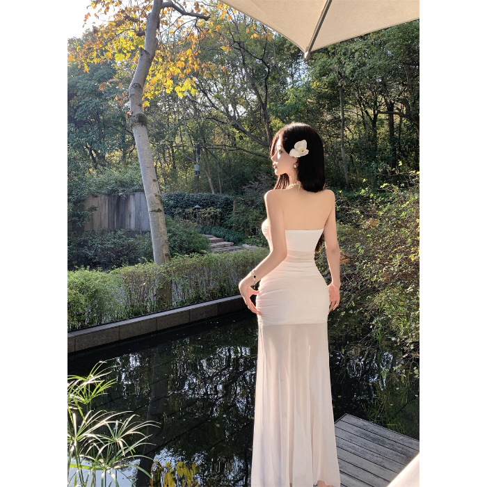 2025 trend beach vacation style transparent mesh tube top with a slim and elegant design, suitable for travel and photography. New designer dresses