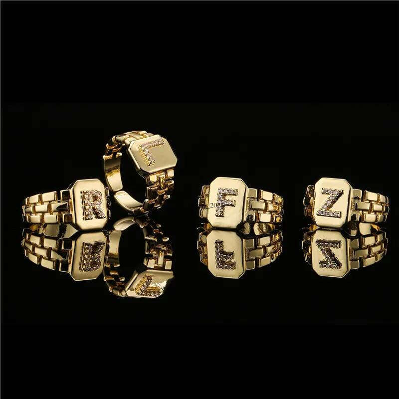 trendy gold color initial ring for women girl aaa cubic zirconia az watchband square letter open female jewelry gift