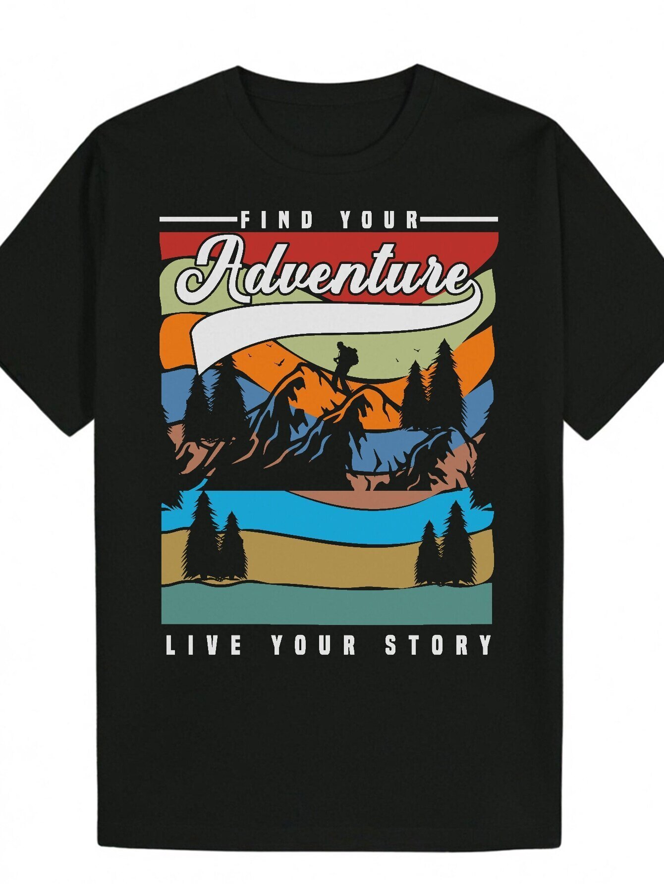 Men's Summer Casual Round Neck Polyester Pattern T-Shirt with "Find Your Adventure" Design - Lightweight and Breathable, Machine Washab