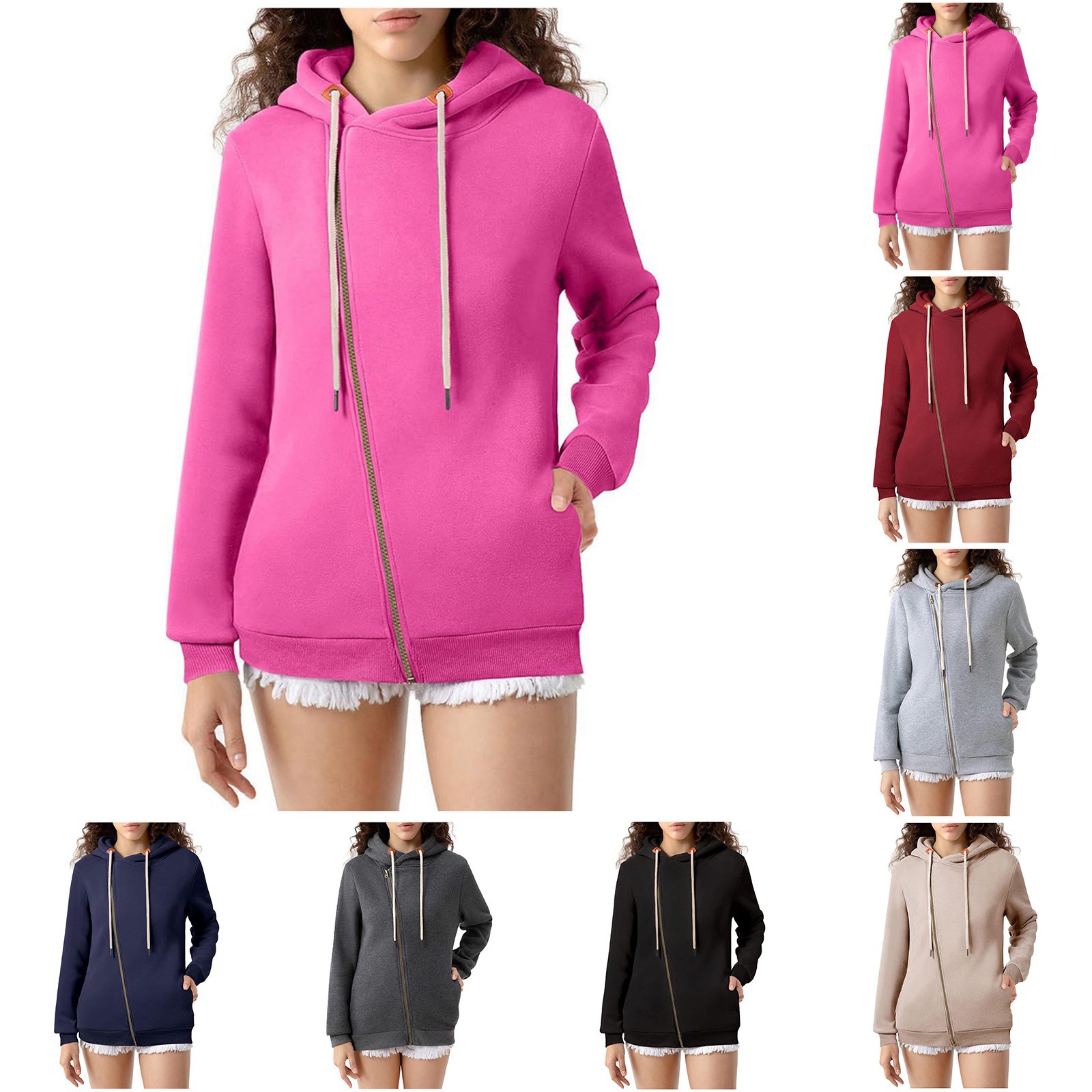 New Women's Pocket Hoodie Women's Solid Color Zipper Hoodie