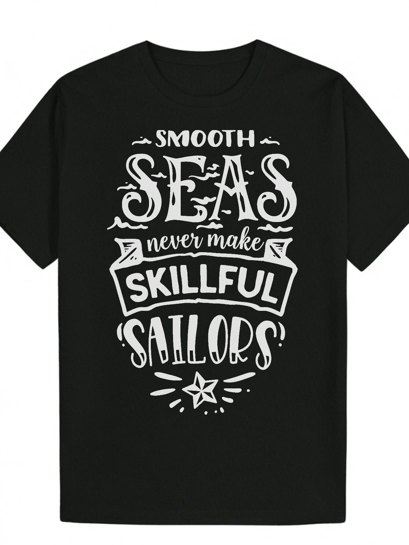 Men's Summer Casual Short Sleeve - Nautical Ship Pattern T-Shirt with "A Calm Sea Never Makes a Skilled Sailor" Design, Black and White