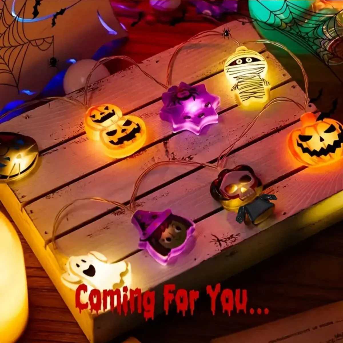 1PC Halloween 8 Elements LED String Light Battery Powered Horror Atmosphere Lighting With Ghost Witch Cat Pumpkin Spider Skeleton XJ250804