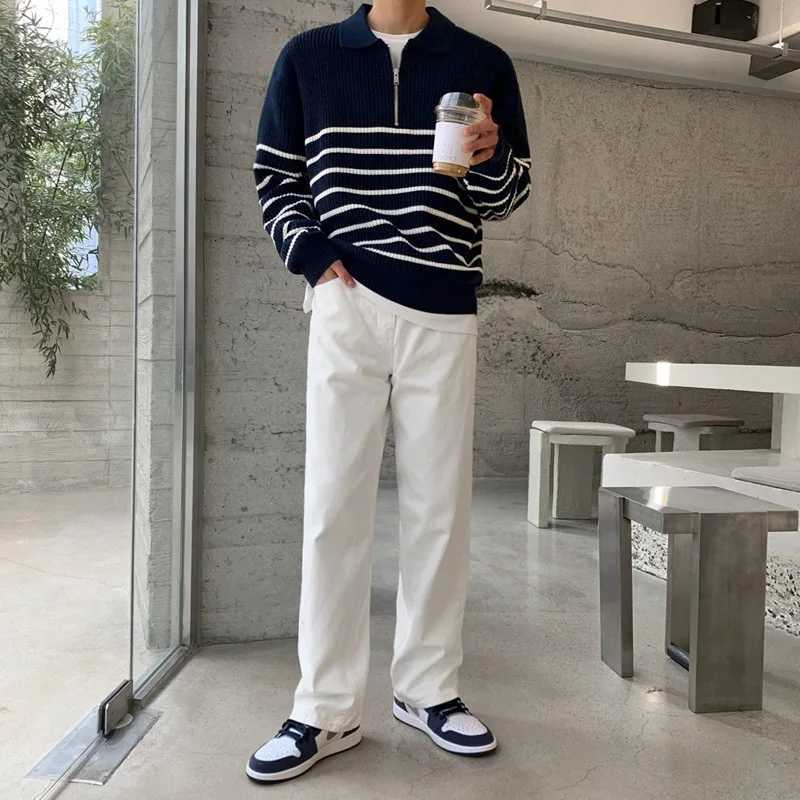 Autumn Korean Mens Light Style Lapel Long Sleeve Sweater Fashion High-end Loose Retro Casual Half Zip Striped Sweater Top XJ250805