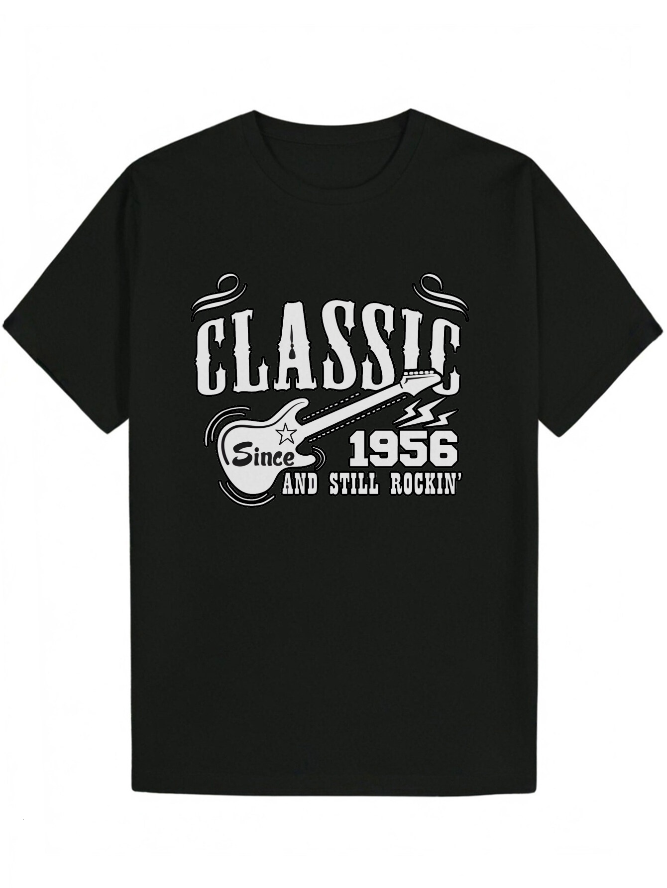 Men's Rock Pattern T-Shirt - Classic 1956 and Still Rockin Print, Black with White Letters, Lightweight Polyester, Regular Crew Neck Summer Casua