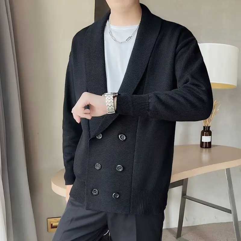2022 Autumn Sweater Men Vintage Lapel Knitted Cardigan Double Breasted Long Sleeve Knitted Jacket Casual Business Sweatercoat XJ250805
