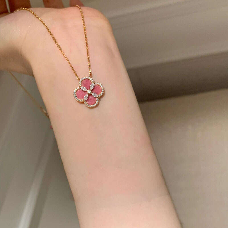 Vintage Rose Pink Flower Exquisite Sparkling Dia Four-Leaf Clover Bracelet Necklace Earrings Dopamine Set