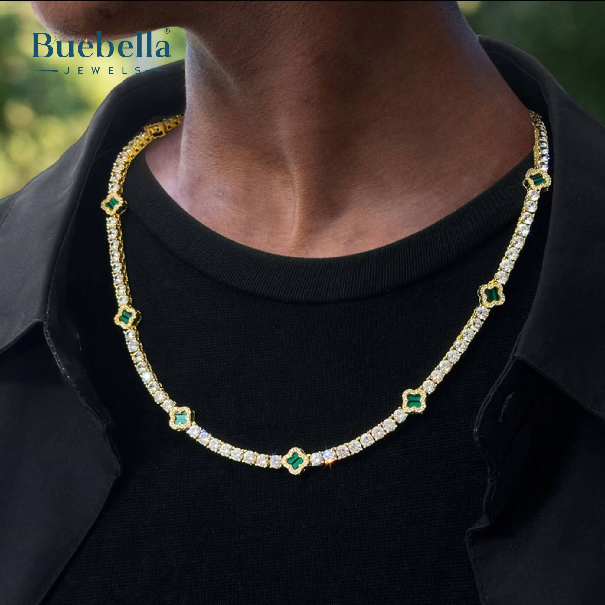Hot Sale 14K White Gold Plated Cuban Link 925 silver 9mm green Clover Leaf Moissanite Tennis Chain
