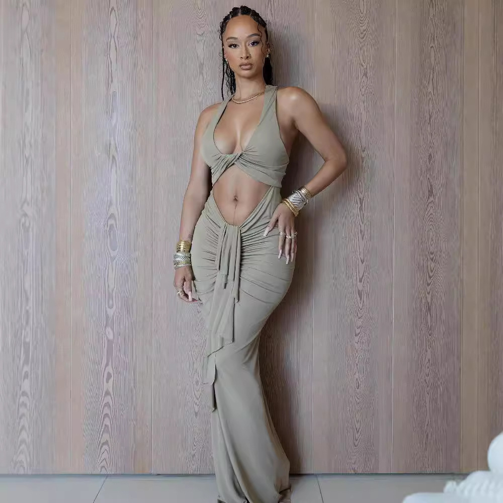 2025 Summer Fashion Sexy trend Twisted Hollow Long Skirt with Ruffles and Straps, Open Collar Fashion Sleeveless Mermaid Dress, New Designer Dress