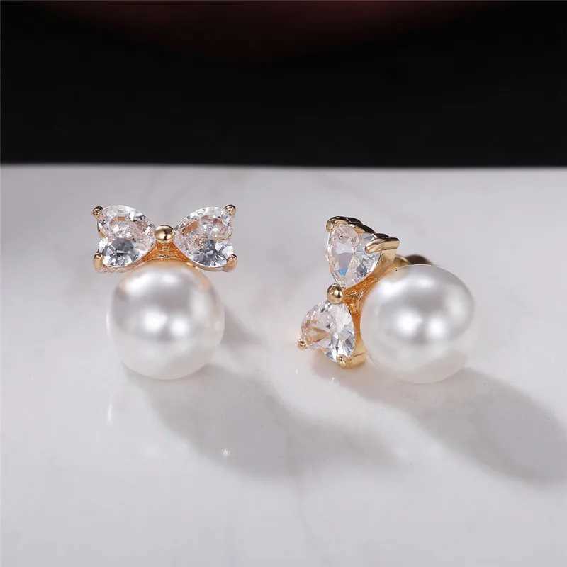 80s Simple Fashion Imitation Pearl Stud Earrings Girls Gold Color Bow Aesthetic Jewelry Hot Sale Earrings for Women Drop Ship Y250804